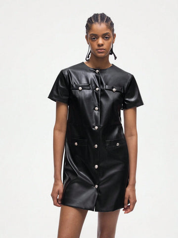 Women's PU Leather Versatile Modern Casual Short Sleeve Dress With Metallic Single-Breasted
