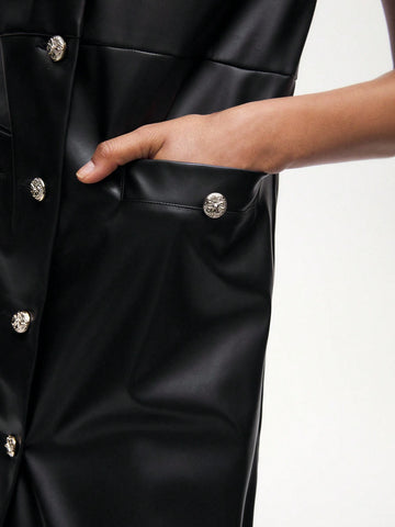 Women's PU Leather Versatile Modern Casual Short Sleeve Dress With Metallic Single-Breasted
