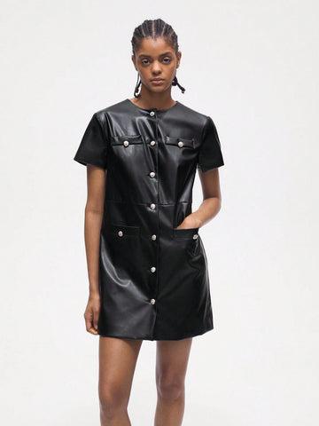 Women's PU Leather Versatile Modern Casual Short Sleeve Dress With Metallic Single-Breasted