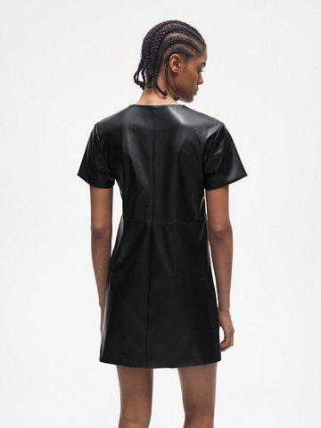 Women's PU Leather Versatile Modern Casual Short Sleeve Dress With Metallic Single-Breasted
