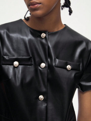 Women's PU Leather Versatile Modern Casual Short Sleeve Dress With Metallic Single-Breasted