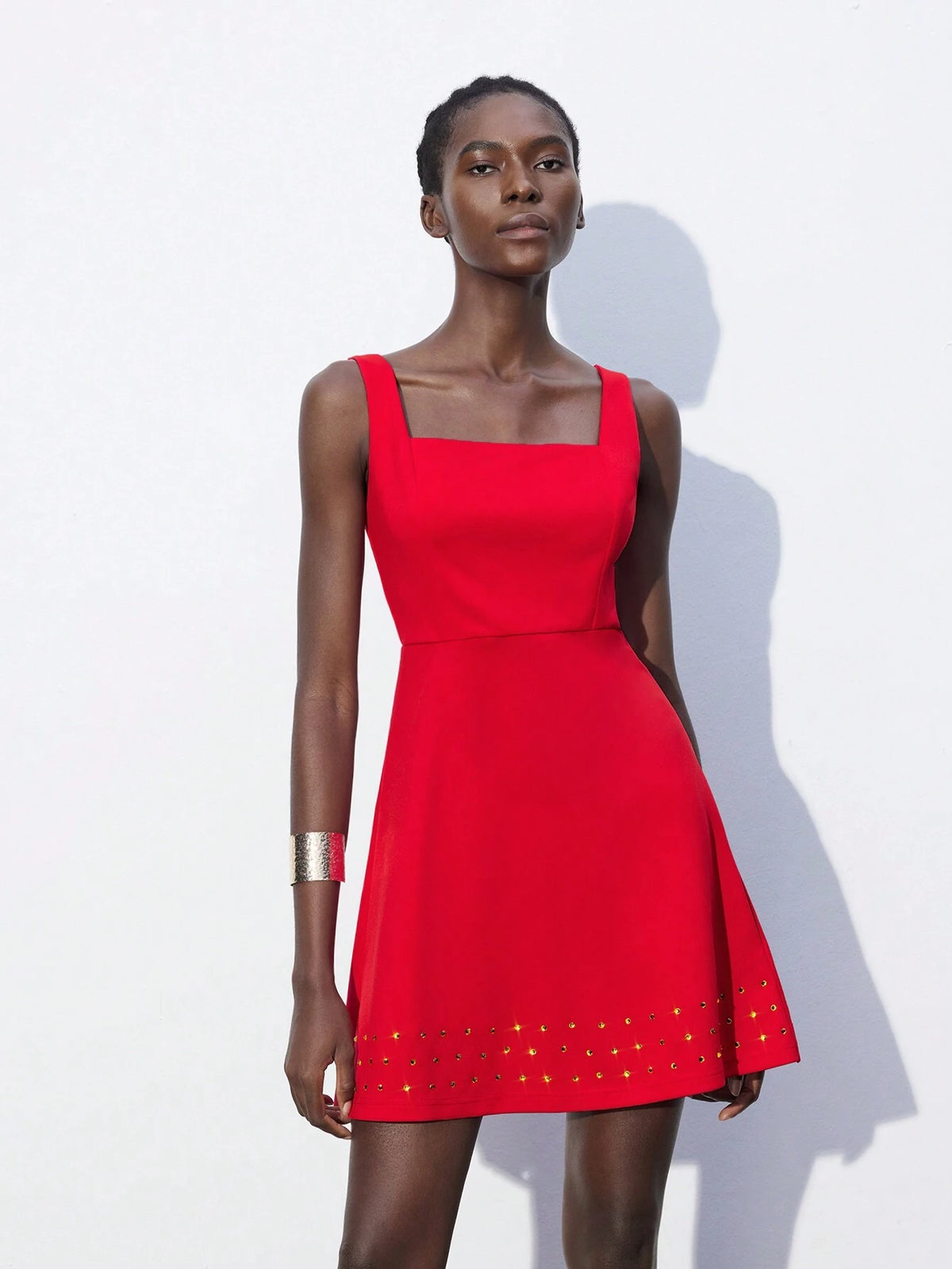 Women's Rhinestone Decor Solid Color Square Neck Sleeveless Dress