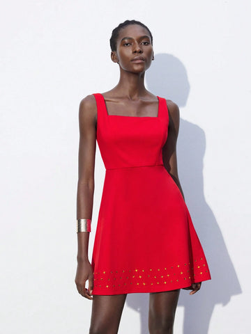 Women's Rhinestone Decor Solid Color Square Neck Sleeveless Dress