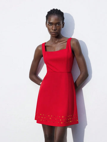 Women's Rhinestone Decor Solid Color Square Neck Sleeveless Dress