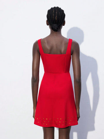 Women's Rhinestone Decor Solid Color Square Neck Sleeveless Dress