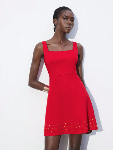 Women's Rhinestone Decor Solid Color Square Neck Sleeveless Dress