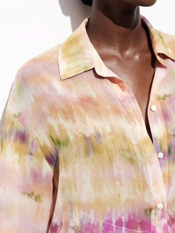 Maija Women's Simple Daily Floral Print Chiffon Tie Dye Blouse