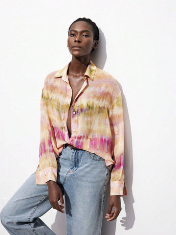 Maija Women's Simple Daily Floral Print Chiffon Tie Dye Blouse