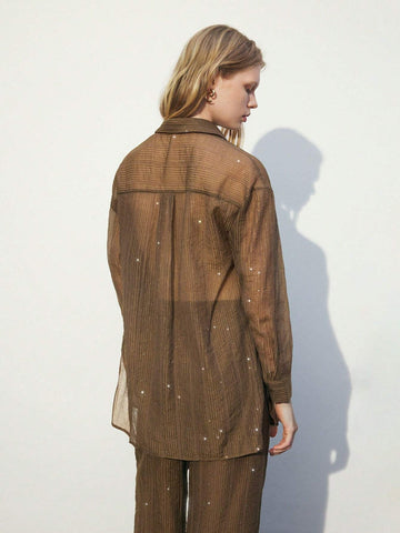 Maija Women's Solid Color Button Front Long Sleeve Casual Sheer Blouse