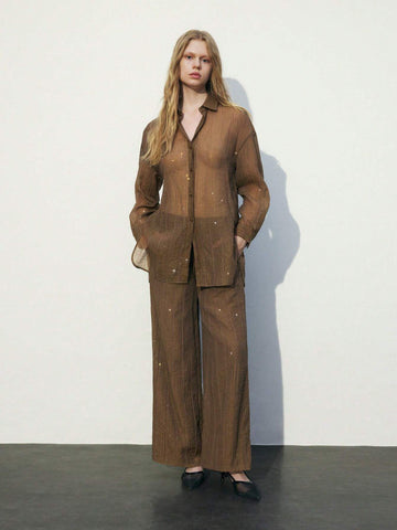 Maija Women's Solid Color Button Front Long Sleeve Casual Sheer Blouse