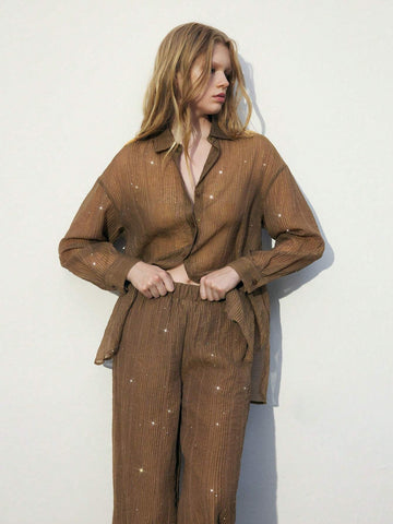 Maija Women's Solid Color Button Front Long Sleeve Casual Sheer Blouse