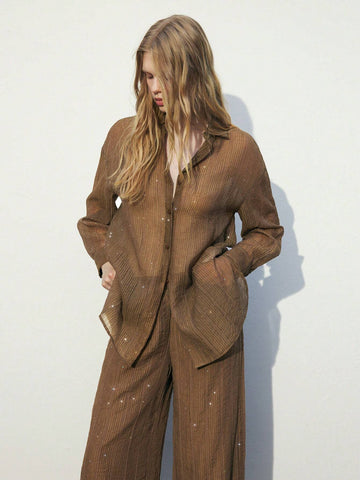 Maija Women's Solid Color Button Front Long Sleeve Casual Sheer Blouse