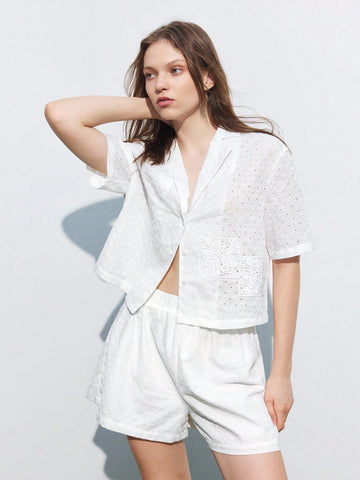 Maija Women's Solid Color Hollow Out Embroidered Button Front Short Sleeve Shirt, Summ