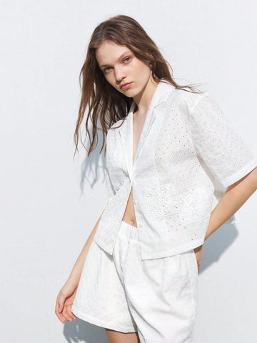 Maija Women's Solid Color Hollow Out Embroidered Button Front Short Sleeve Shirt, Summ