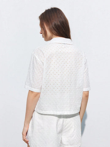 Maija Women's Solid Color Hollow Out Embroidered Button Front Short Sleeve Shirt, Summ