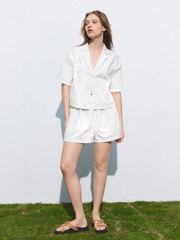 Maija Women's Solid Color Hollow Out Embroidered Button Front Short Sleeve Shirt, Summ