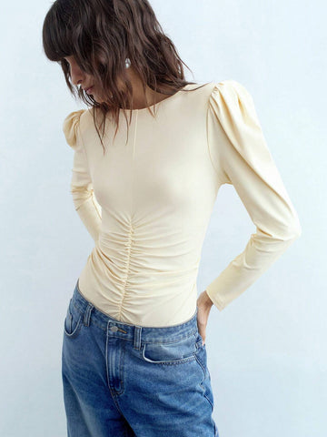 Women's Solid Color Round Neck Puff Sleeve Pleated Casual Bodysuit, Autumn