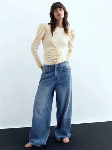 Women's Solid Color Round Neck Puff Sleeve Pleated Casual Bodysuit, Autumn