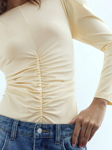 Women's Solid Color Round Neck Puff Sleeve Pleated Casual Bodysuit, Autumn