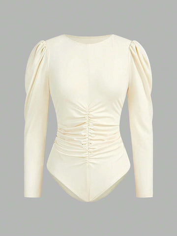 Women's Solid Color Round Neck Puff Sleeve Pleated Casual Bodysuit, Autumn