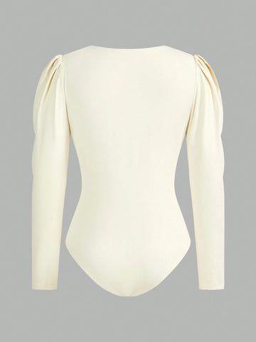 Women's Solid Color Round Neck Puff Sleeve Pleated Casual Bodysuit, Autumn
