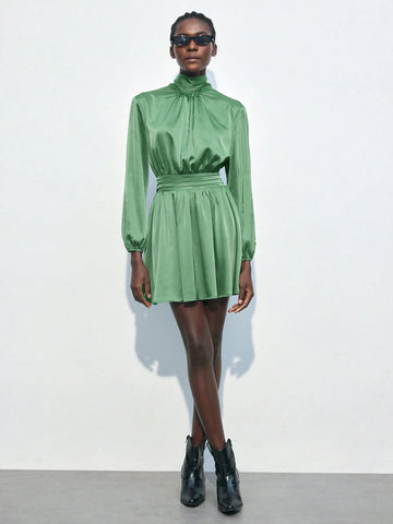 Women's Solid Color Turtleneck Long Sleeve Mini Dress