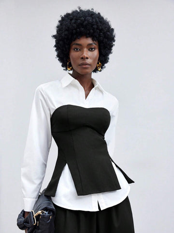 Maija Women's Spring/Summer Color Block Long Sleeve Casual Top With False Two Pieces Design