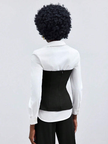 Maija Women's Spring/Summer Color Block Long Sleeve Casual Top With False Two Pieces Design