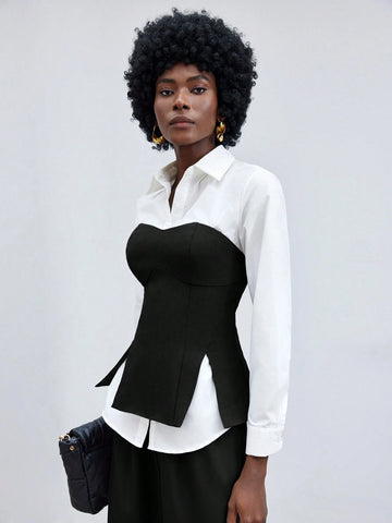 Maija Women's Spring/Summer Color Block Long Sleeve Casual Top With False Two Pieces Design