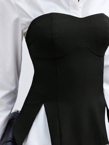 Maija Women's Spring/Summer Color Block Long Sleeve Casual Top With False Two Pieces Design