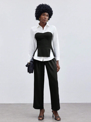 Maija Women's Spring/Summer Color Block Long Sleeve Casual Top With False Two Pieces Design