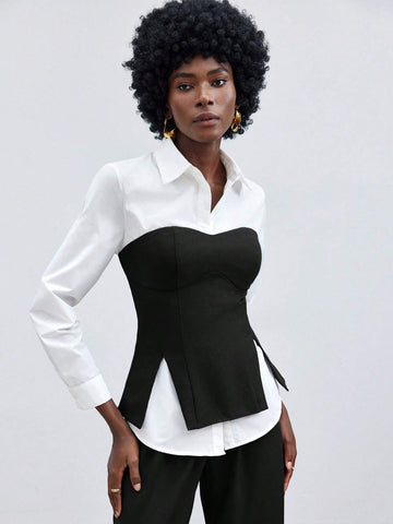 Maija Women's Spring/Summer Color Block Long Sleeve Casual Top With False Two Pieces Design