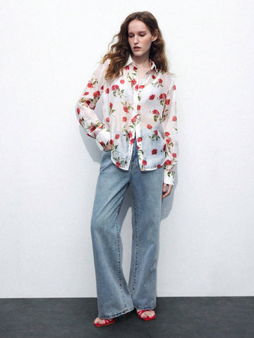 Maija Women's Spring/Summer Floral Mesh Long Sleeve Loose Shirt