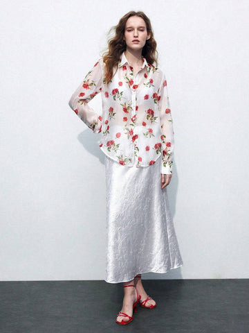 Maija Women's Spring/Summer Floral Mesh Long Sleeve Loose Shirt