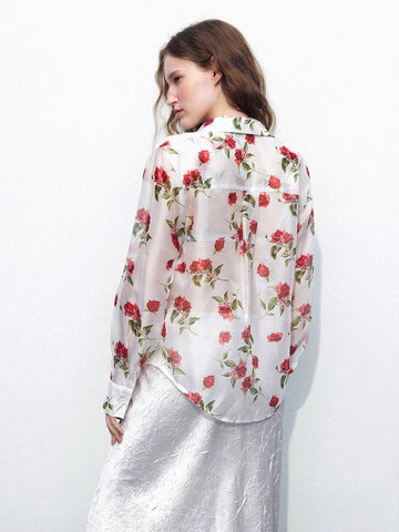 Maija Women's Spring/Summer Floral Mesh Long Sleeve Loose Shirt