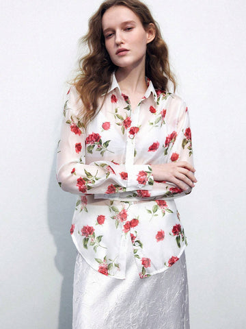 Maija Women's Spring/Summer Floral Mesh Long Sleeve Loose Shirt