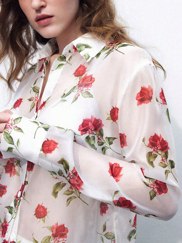 Maija Women's Spring/Summer Floral Mesh Long Sleeve Loose Shirt