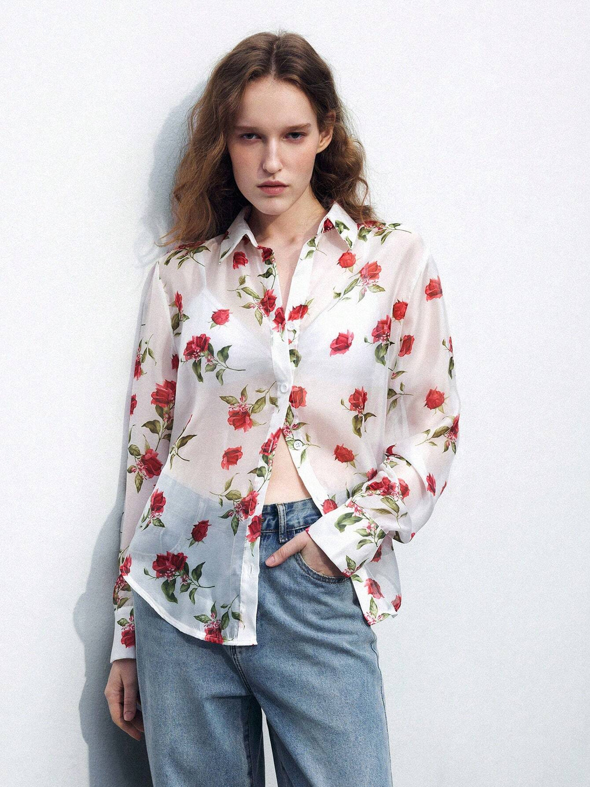 Maija Women's Spring/Summer Floral Mesh Long Sleeve Loose Shirt