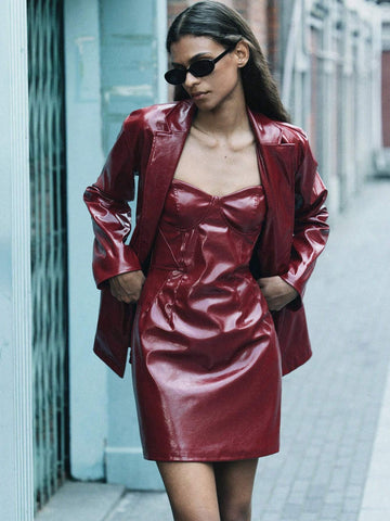 Women's Spring/Summer Solid Stand Collar Long Sleeve PU Elegant Short Dress