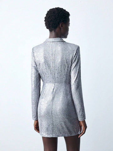 Women's Spring Autumn Silver V-Neck Long Sleeve Ruched Sequin Party Mini Dress