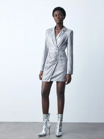 Women's Spring Autumn Silver V-Neck Long Sleeve Ruched Sequin Party Mini Dress