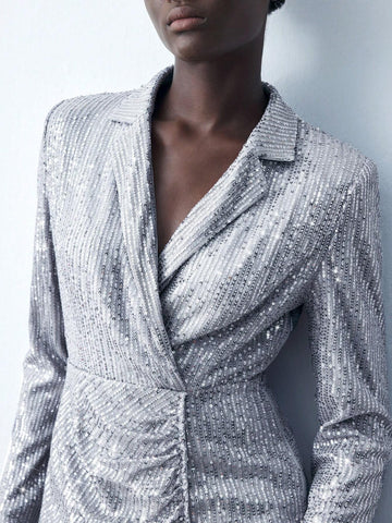 Women's Spring Autumn Silver V-Neck Long Sleeve Ruched Sequin Party Mini Dress