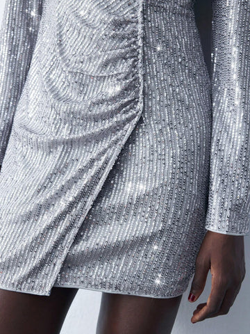 Women's Spring Autumn Silver V-Neck Long Sleeve Ruched Sequin Party Mini Dress