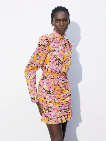 Women's Spring Summer Floral Print Ruffle Collar Puff Sleeve Short Casual Dress