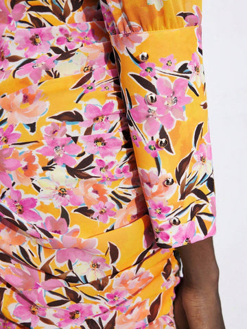 Women's Spring Summer Floral Print Ruffle Collar Puff Sleeve Short Casual Dress