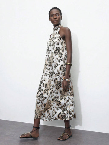 Women's Summer Floral Print Pleated Sleeveless Dress With Neck Tie