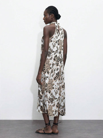 Women's Summer Floral Print Pleated Sleeveless Dress With Neck Tie