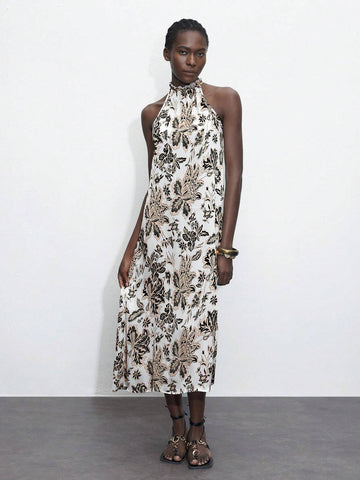Women's Summer Floral Print Pleated Sleeveless Dress With Neck Tie