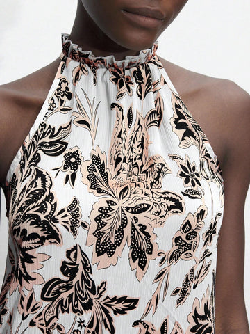 Women's Summer Floral Print Pleated Sleeveless Dress With Neck Tie