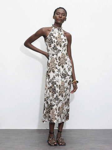 Women's Summer Floral Print Pleated Sleeveless Dress With Neck Tie